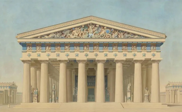 Temple T à Sélinonte (Sicile) : élévation, restitution de la façade principale (panneaux acryliques)