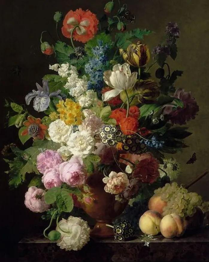 Vase de fleurs, raisins et pêches (toiles encadrées)