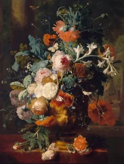 Vase de fleurs sur fond de parc avec statue (panneaux aluminium)
