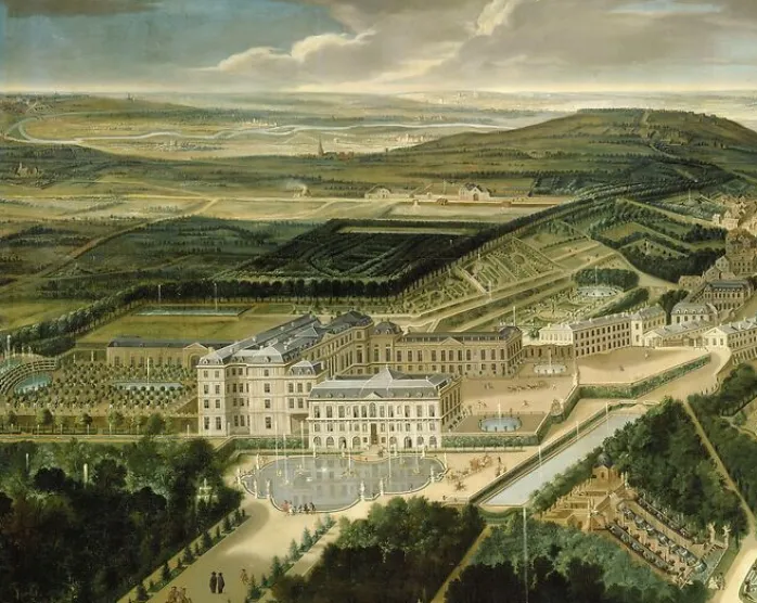 Vue cavalière du château, jardins bas et de la ville de Saint-Cloud (panneaux aluminium)